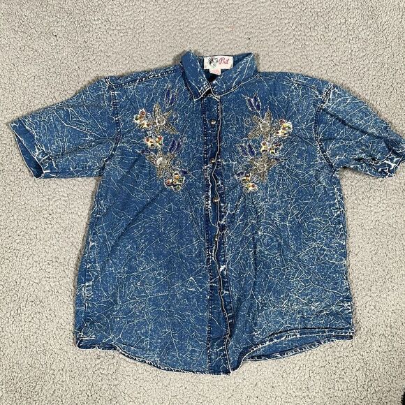 Vintage Pret Button Up Shirt Women Denim 80s 90s Jewel Rhinestone Western Small - Picture 1 of 6
